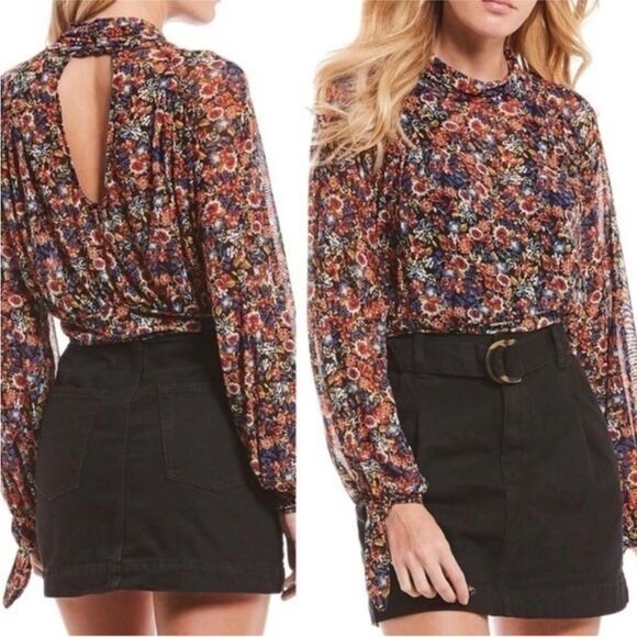 NEW! Free People All Dolled Up Floral Mesh Long Sleeve Crop Top  Black Combo - L - Picture 12 of 12